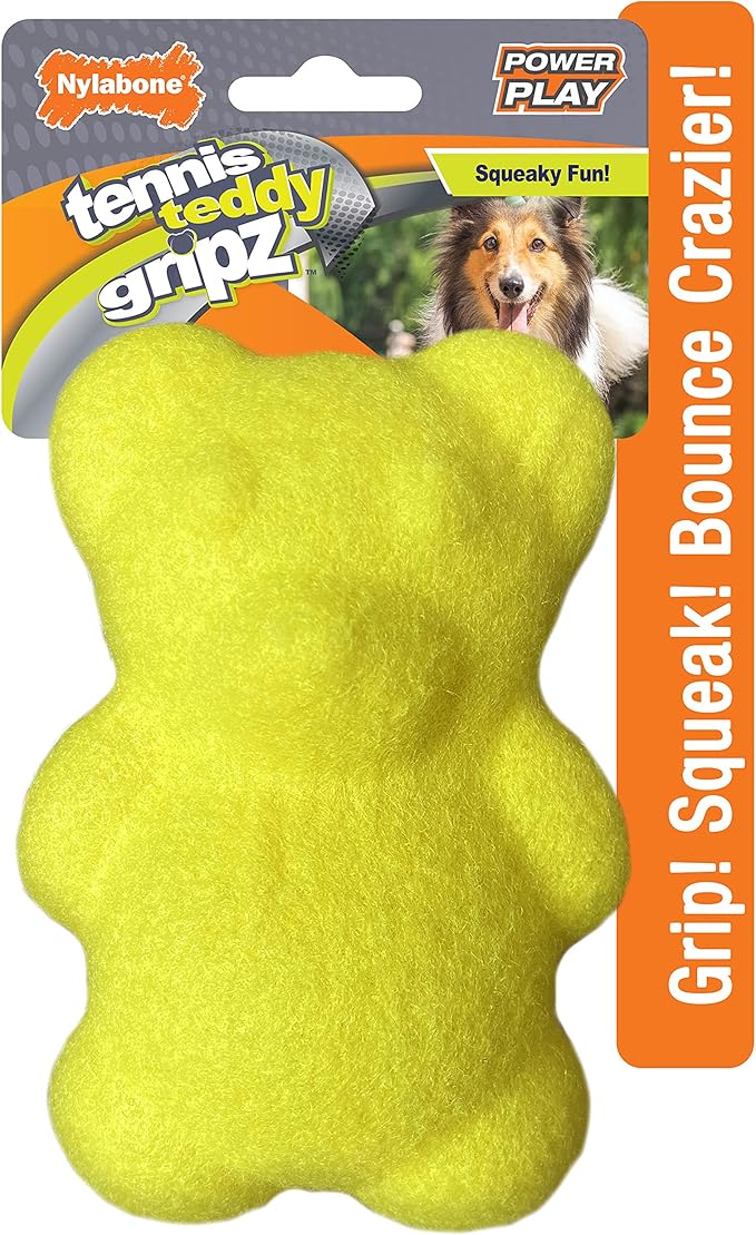 Nylabone Power Play Tennis Ball Teddy Bear Gripz Felt Rubber Fetch Toy, Squeaky Toys for Dogs, Medium (1 Count)