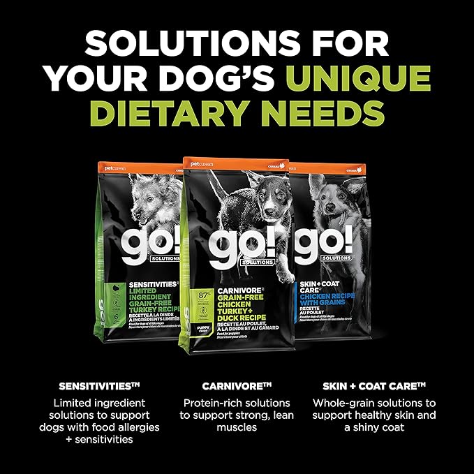 Go! Solutions Carnivore Chicken, Turkey + Duck Grain-Free Dry Puppy Food, Our Highest-Protein Kibble Made with Real Meat & Fish, Pumpkin & Probiotics for Good Digestion, 12 lb Bag