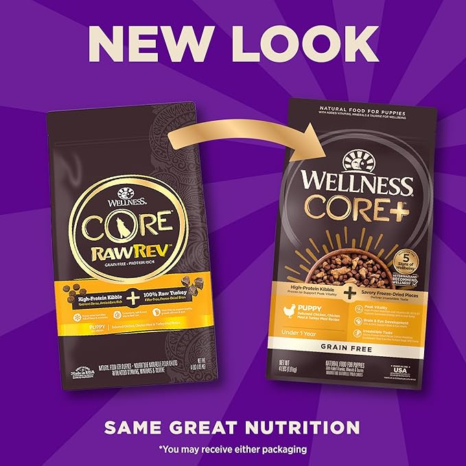 Wellness CORE+ Puppy Dry Dog Food with Freeze Dried Pieces, Grain Free Kibble+, Natural, High Protein, Chicken and Turkey Recipe, 4 lb Bag