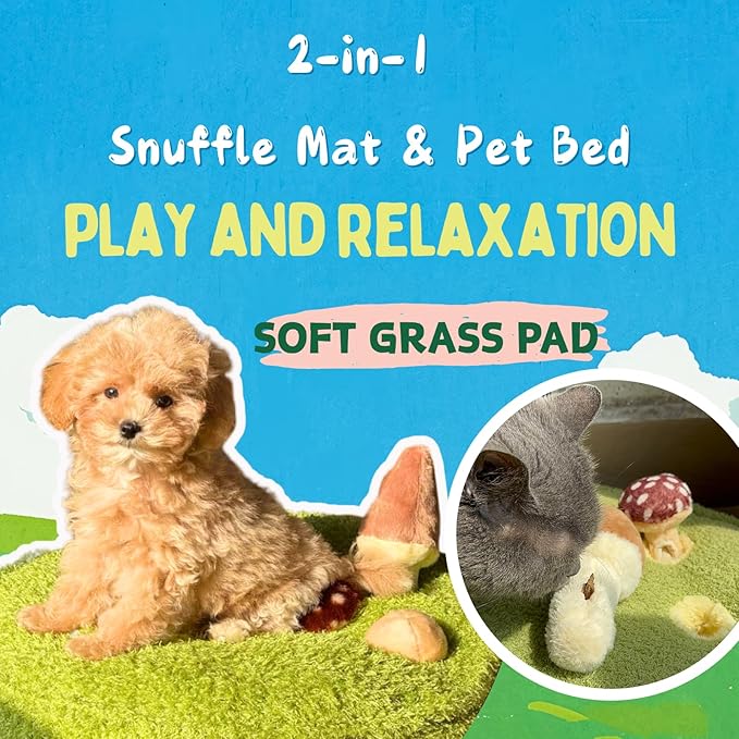CECE PAW Mushroom Mat Pet Toy & Bed | Dog Snuffle Mat with 3 Crinkle Mushrooms for Treat Hiding | Soft Cushion for Cats, Small Dogs, & Owners | Washable Interactive Play & Cozy Rest