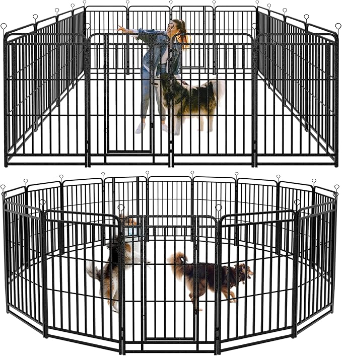 Kfvigoho Heavy Duty Dog Playpen: 16 Steel Panels 47" Height, Square Steel Pipe with Reinforced Crossbars, 36FT 103 Sq.ft Portable Fence for Yard RV Camping, Snowy Black