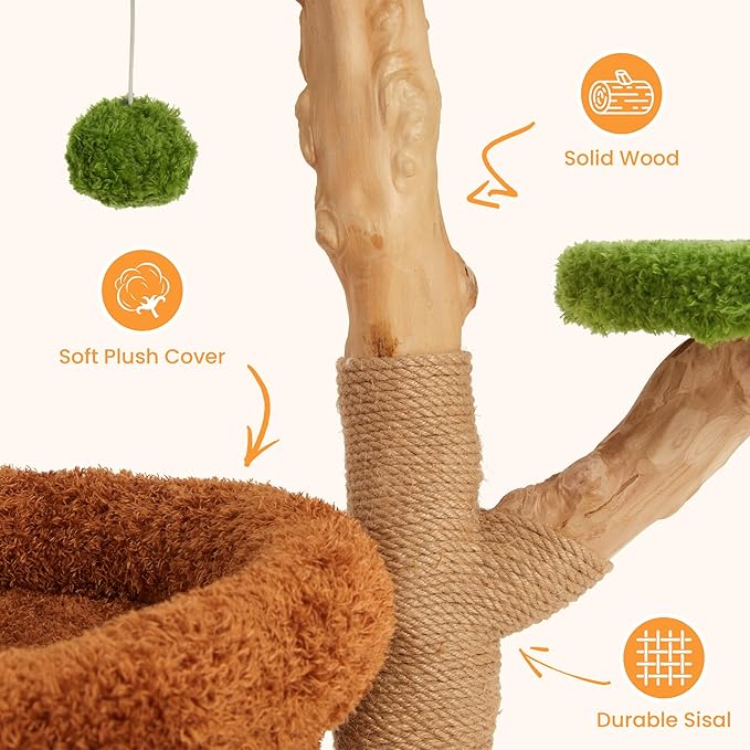 Fansafurn Cute Cat Tree with Scratching Posts, Bed & Condo, Multi-Level Cat Tower for Playful Cats and Multiple Cats, 32" Wooden Climbing Tower with Natural Wood & Soft Plush