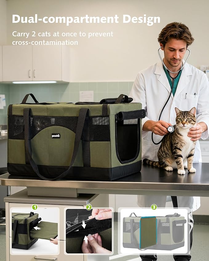 Pecute Dual Compartment Pet Carrier for Multi-Cat Families & Small Dog Owners, Collapsible Dog Crate with Reinforced Steel Frame, Car Safety Design for Travel, Vet Visits & Home Use, Green