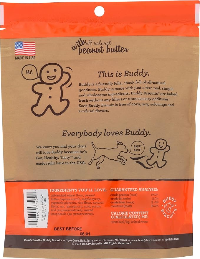 Buddy Biscuits, Soft & Chewy Treats for Small & Large Dog, Made in USA Peanut Butter Flavor - 6 oz, 4 Pack