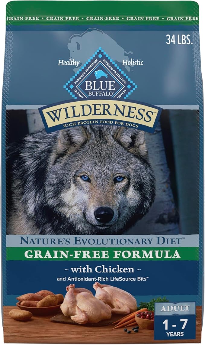 Blue Buffalo Wilderness High Protein Grain Free Dry Food for Adult Dogs, 34% Protein, with Chicken, 34 lb. Bag
