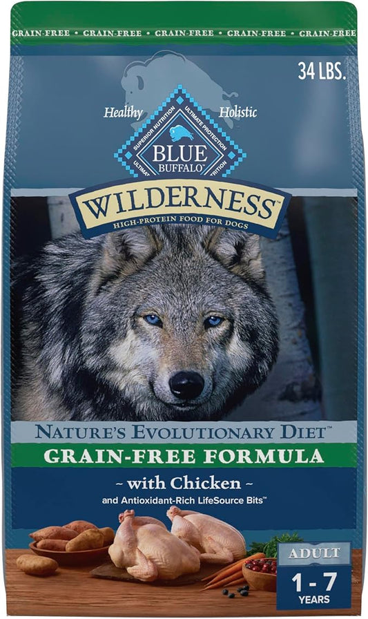 Blue Buffalo Wilderness High Protein Grain Free Dry Food for Adult Dogs, 34% Protein, with Chicken, 34 lb. Bag