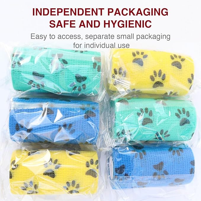 Self-Adhesive Vet Wrap for Pets - 6 Rolls 4 Inch Cohesive Bandage for Dogs Cats Horses Rabbits, Pet First Aid Wound Care Stop Bleeding Prevent Licking