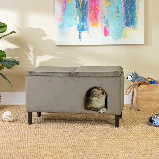 Paws & Purrs 32″ Wide Modern Dual-Purpose Ottoman & Multi-Cat Bed – Stylish 2-in-1 Footstool & Cozy Hideaway for Multiple Cats – Removable Cushioned Top, Hidden Storage, Ash