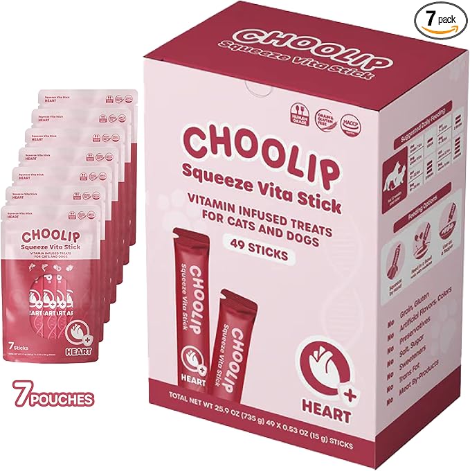 Choolip Squeeze Vita Stick Heart Support Cat and Dog Treats – 49-Count Salmon & Tuna Sticks with CoQ10, Taurine and L-Carnitine – Box with 7 Pouches, Vet-Formulated for Heart Health