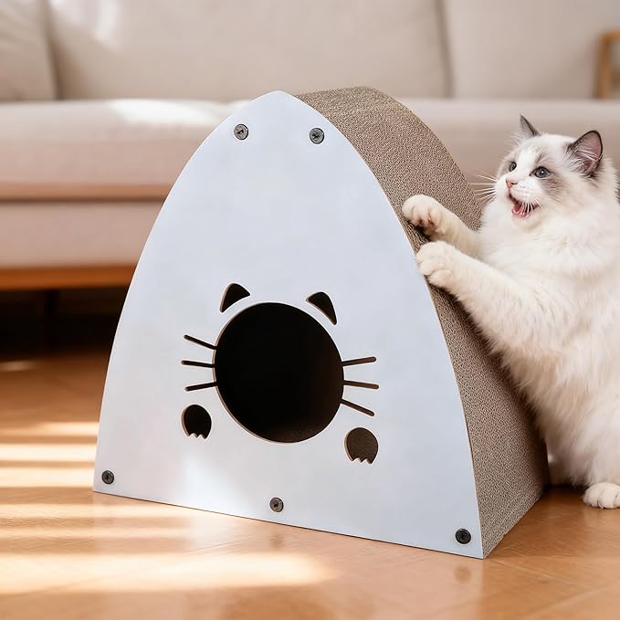 CSR1006G Koko 19" Modern Cardboard Triangle Cat Cave Scratcher with Catnip, Gray, 2-in-1 Corrugated Cat House Hideaway & Scratching Board for Cats, Durable Furniture Protector