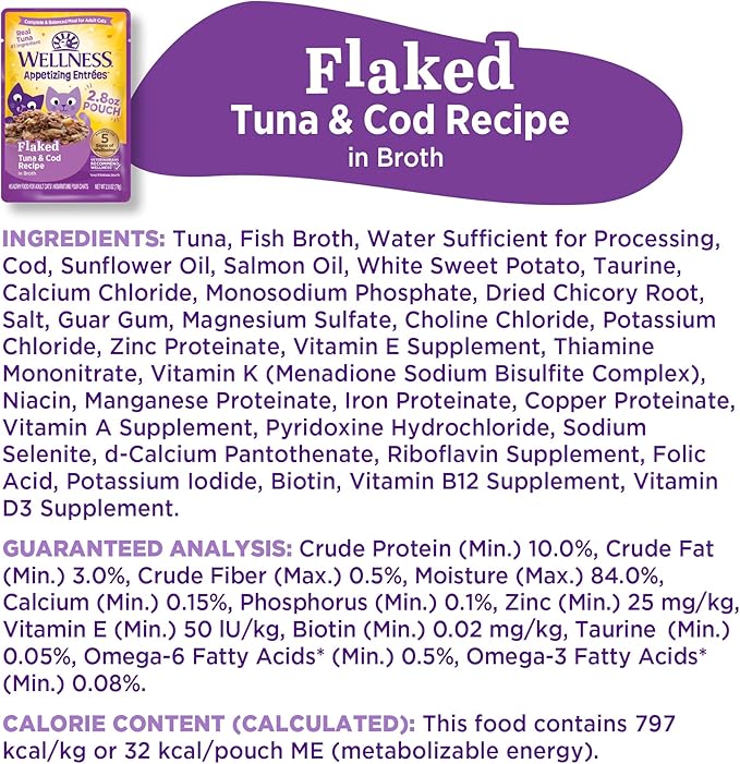 Wellness Appetizing Entrées Flaked Adult Wet Cat Food, Natural, Protein Rich, Grain Free, Tuna and Cod Recipe, 1.4 oz, Pack of 8 Pouches