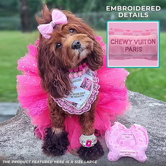 Haute Diggity Dog Chewy Vuiton Bone Plush Squeaky Dog Toy, Soft Durable Designer-Inspired Stuffed Puppy Chew Toys for Small & Medium Dogs, Machine-Washable (Pink Checker) Large
