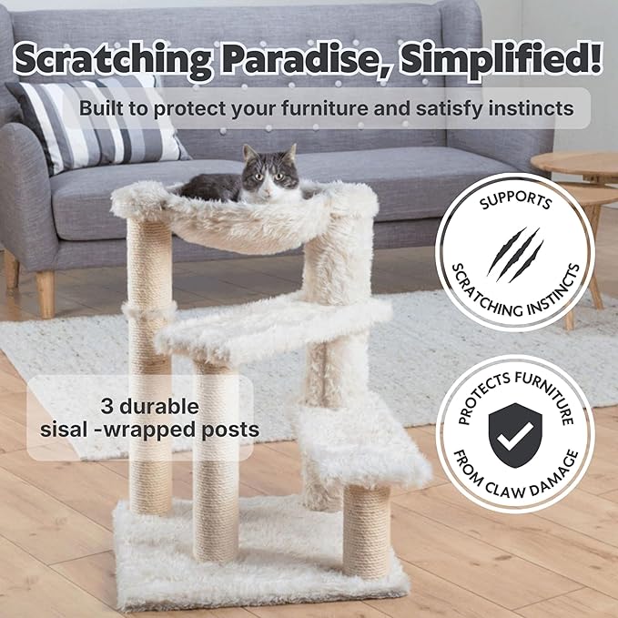 Trixie Baza Scratching Post – Cat Tower with Jute Posts, Hammock & Step Platforms – Indoor Cat Furniture for Scratching & Climbing – Cream, 19.7" x 19.7" x 27.6"