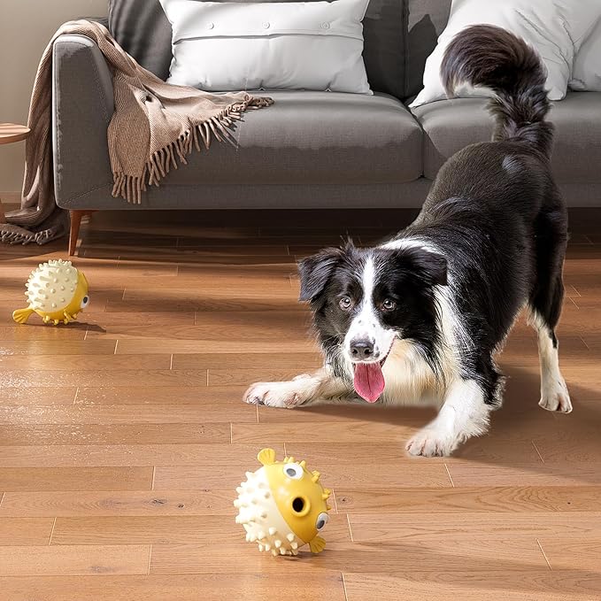 Dog Balls with Bell Sound, Interactive Dog Toys,Treat Dispensing Dog Toys, cat Toys Balls，Rubber Elastic Ball Toys for Small/Medium/Large Cat and Extra Small/Small Dogs (Yellow)