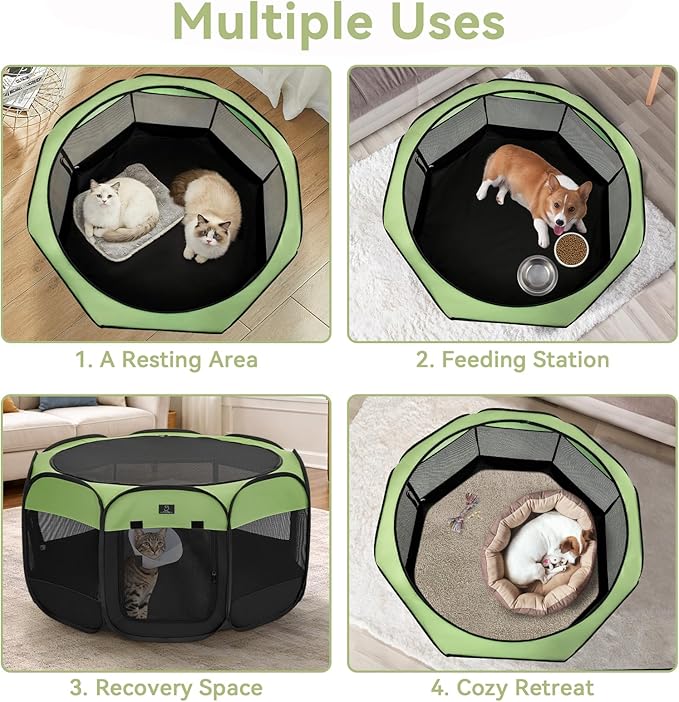Dog Playpen for Small Dogs & Puppies, 29.92" Portable Indoor Outdoor Puppy Playpen with Bowl, Waterproof Floor, Foldable Pop-Up Pet Pen for Home, Travel & Daily Use, Green+Black