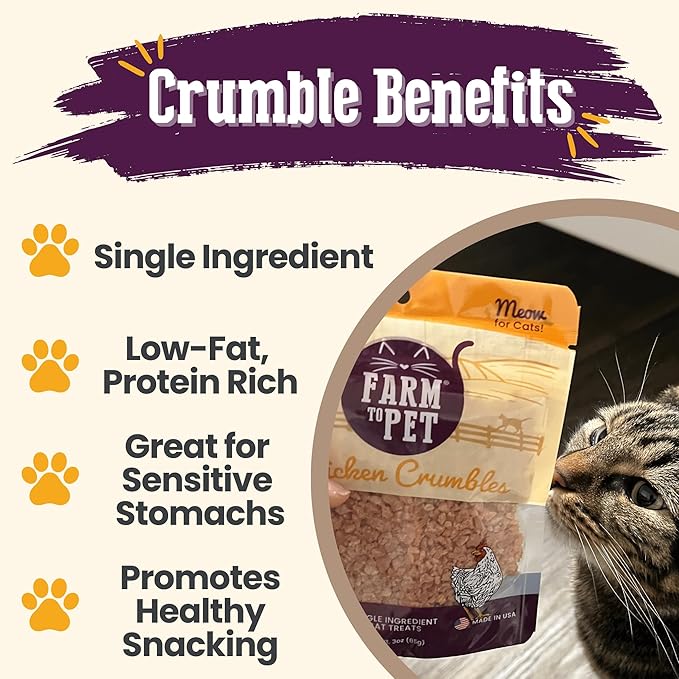 Farm To Pet - Cat Treat Crumbles - 3 oz Single Ingredient Chicken Treat and Snacks - Healthy for Indoor Cats and Kitten - Essential Products (Mix with Wet/Dry Food)