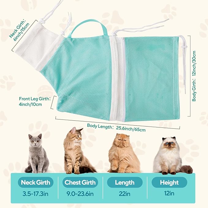 Cat Bag for Bath Adjustable Breathable Mesh Pet Restraint Bag for Bath Nail Trim Medicine and Vet Visits Escape Proof Wash Bag Green