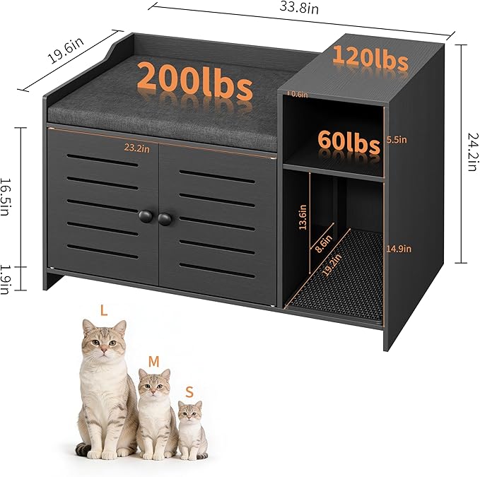Cat Litter Box Enclosures, Large Hidden Cat Litter Box Furniture with Double Door, Wooden End Table Litter Box Cabinet with Storage Shelf, Cushion & Litter Mat, Dog Proof Design, Modern Cat House