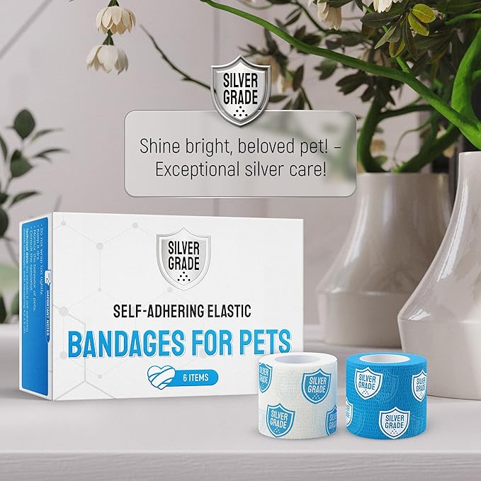 SILVER GRADE Vet Wrap for Dogs, Cats, Horses – 6 Elastic Self-Adhesive Bandages to Protect from Licking – Dog Bandage for Wounds – Natural Rubber Latex Wrap for All Breeds – 2-inch Rolls