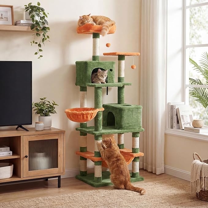 DORTALA Cat Tree for Indoor Cats, 66" Tall Cat Tower with 2 Condos, Sisal Scratching Posts, Plush Perch, Hammock, Dangling Balls, Multi-Level Pet Climbing Furniture Activity Center (Green+Orange)