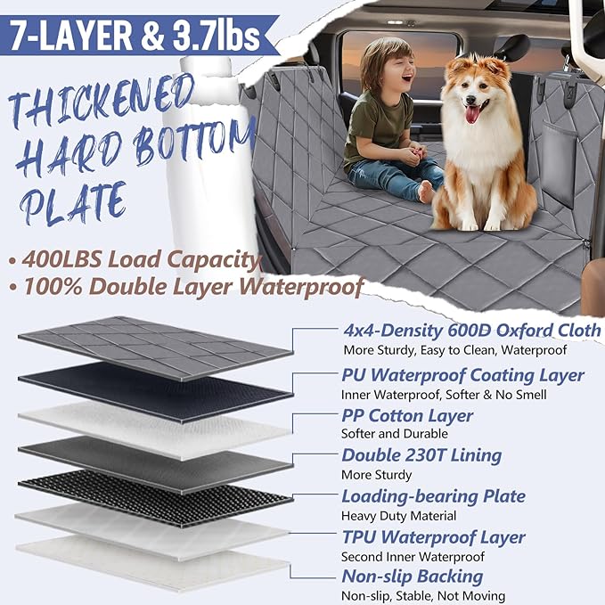 Back Seat Extender for Dogs Truck-Large Space, Hard Bottom Dog Pet Seat Cover Back Seat, Waterproof Dog Hammock for Crew Cab Trucks F150, RAM1500, Sierra, Tundra, Silverado, Grey