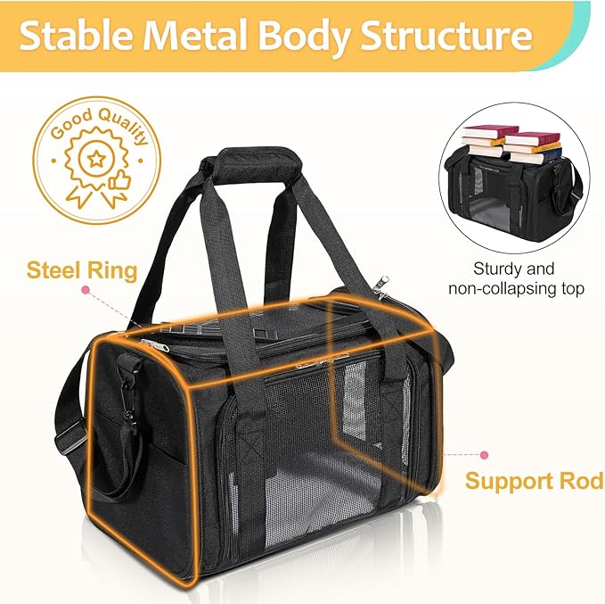 Discala Cat Dog Carrier Up to 15 Lbs TSA Airline Approved Pet Carrier for Small Medium Cats Puppies Dog Carriers for Small Dogs Collapsible Soft Sided Cat Travel Carrier - Black 17"x11"x11"