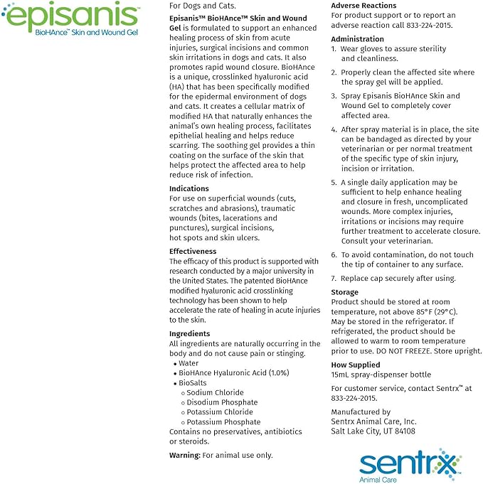 Sentrx Episanis Skin & Wound Gel Spray for Dogs & Cats, Patented BioHance Wound Spray, Cuts, Bites, Hot Spots, Ulcers, 15 ml