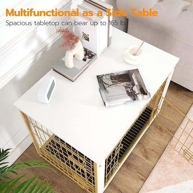 HOOBRO Dog Crate Furniture, 32.5" Medium Dog Kennel Indoor, Wooden Cage with Pull-Out Tray, Double Doors Pet House Side End Table for Medium/Small Dogs, White DW802GW03