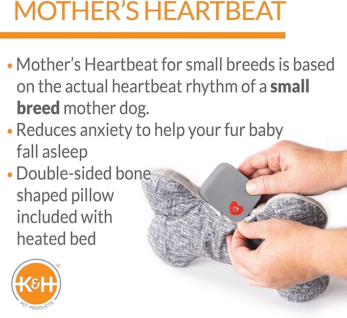 K&H Pet Products Mother's Heartbeat Heated Dog Bed with Bone Pillow Heartbeat Puppy Toy, New Puppy Essential Heated Puppy Bed + Dog Anxiety Toy - Gray 11 X 13 Inches w/ Small Breed Heartbeat Rhythm