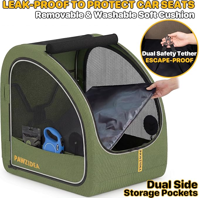 PAWZIDEA Portable Dog Crate for Car Travel, Collapsible Pet Travel Crates for Medium & Large Dogs Up to 80lbs, Enclosed Soft-Sided Car Kennel Carrier for Backseat, Secures w/Seatbelt & Headrest Strap