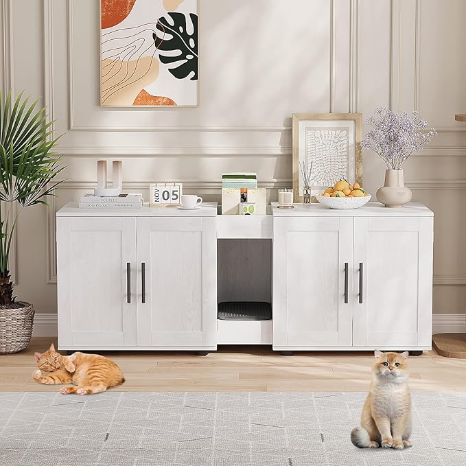 Cat Litter Box Enclosure for 2 Cats,55" Large Hidden Litter Box Furniture with Barn Door & Double Rooms,Modern Indoor Pet House TV Stand Side Table,Cats Washroom,for Bedroom Living Room,White