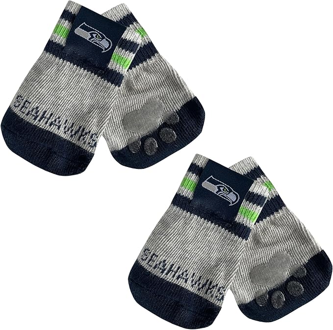 NFL Seattle Seahawks Anti Slip Dog Socks with Elastic Ribbed Top, Size Medium/Large. Indoor/Outdoor Socks, Best Dog Paw Protector, 2 Pairs, Cool Puppy Supplies with NFL Logo of Seahawks Football Team