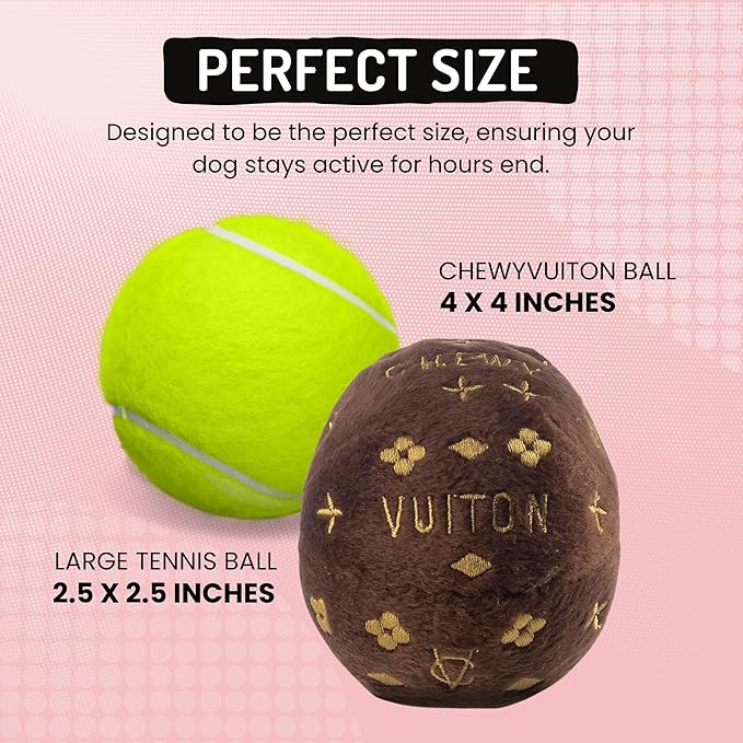 Dog Diggin Designs Chewy Vuiton Plush Squeaky Dog Toy Ball | Luxury-Inspired Parody Designer Ball with Squeaker, Soft Plush Fetch Dog Toy – Prêt-à-Porter Play!