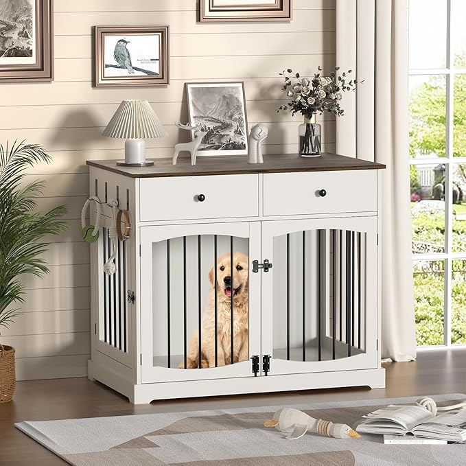 Kucreiheat 40'' Wooden Dog Crate Furniture–Farmhouse Dog Kenel-Multi Purpose Pet House with Double Doors, 2 Drawers, for Small, Medium & Large Dogs–Rustic Brown Finish