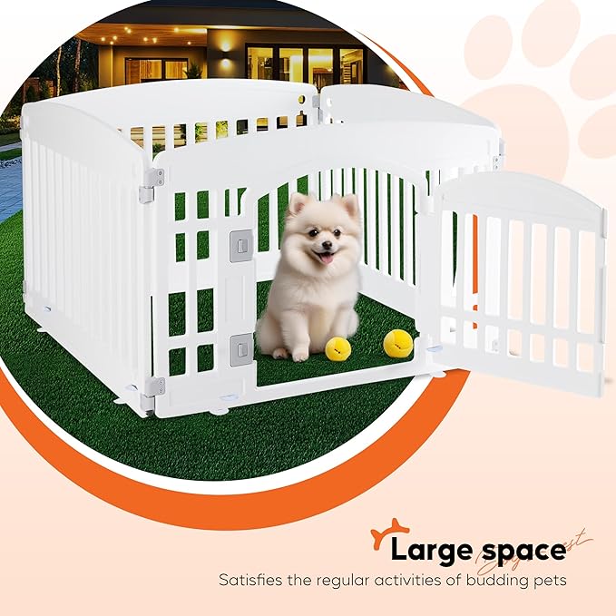 HealSmart 24 Inch 4-Panel Pet Playpen, Sturdy Dog Playpen with Safety Locking Door, Foldable & Portable Design for Puppies, Small & Medium Dogs, White