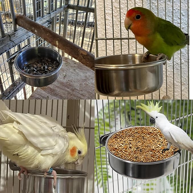 TAODAN 2PCS Stainless Steel Bird Feeder Bowl with Clip Birdcage Accessories Suitable for Ferrets Parrots Pigeons Chinchillas Hamsters