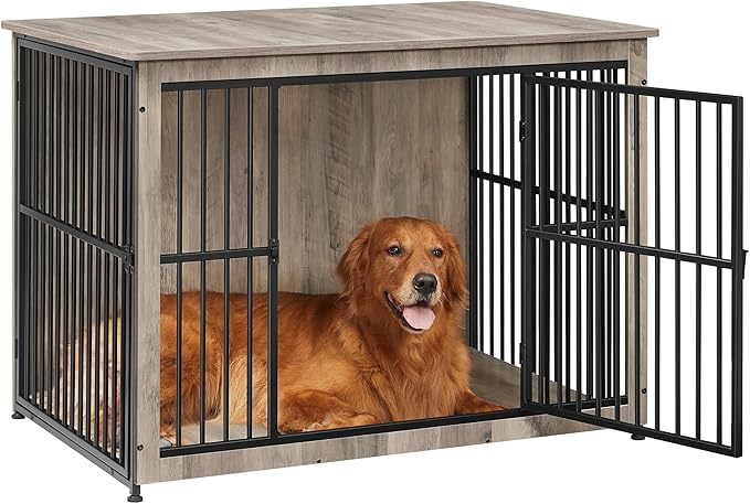 Feandrea 43.3" Dog Crate Furniture, Heavy-Duty Dog Cage Side End Table, XL Pet Wood Kennel for Large and Medium Dogs up to 80 lb with Enclosed Base, Double-Door Pet House, Greige