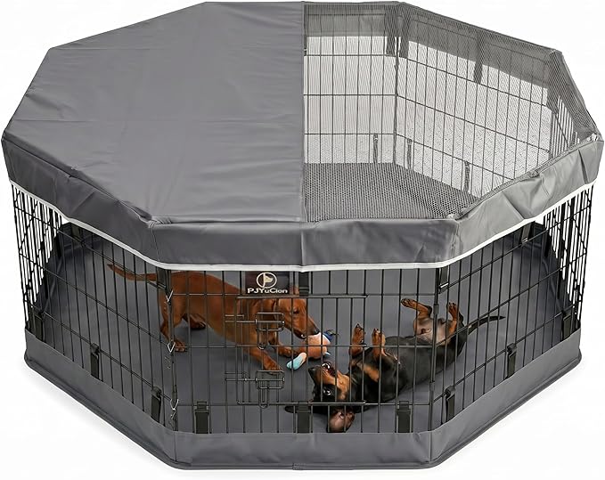 PJYuCien Dog Playpen with Top Cover and Bottom Pad - Metal Foldable Exercise Pen, 8 Panels 24" H x 24" W Indoor Outdoor Pet Fence Puppy Crate Kennel, Gray