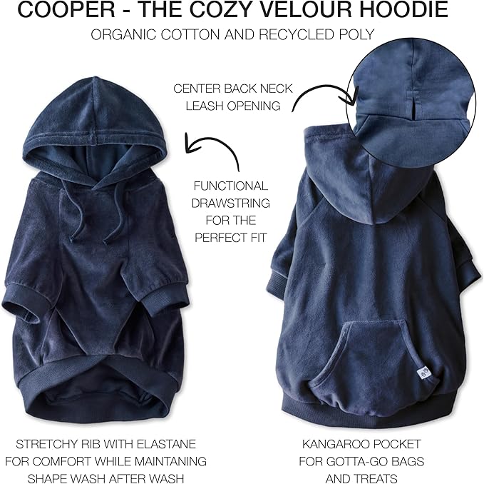 Pet Passion Cooper II Organic Cotton Velour Dog Hoodie Pet Coat for Small, Medium and Large Dogs, Navy, Medium