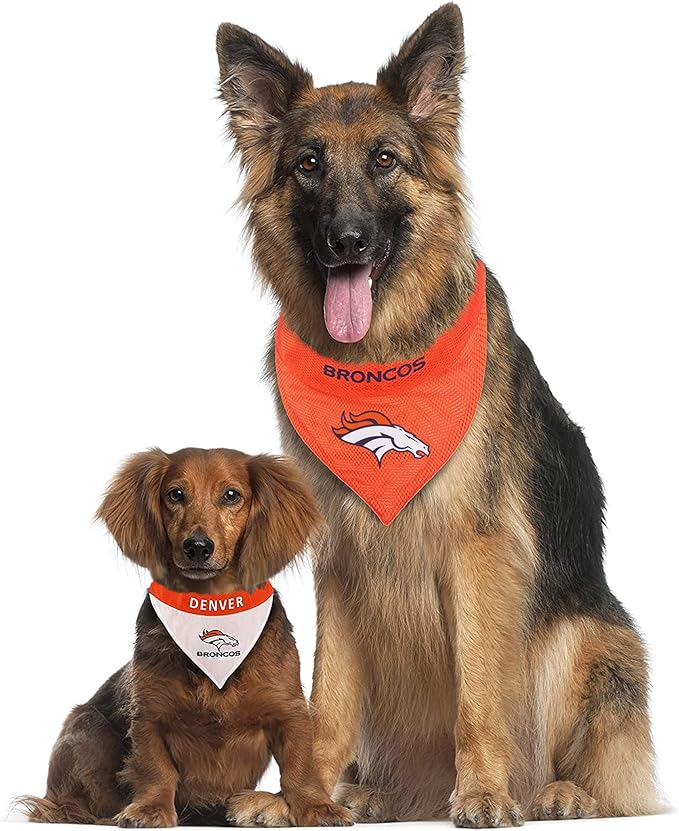 NFL DOG BANDANA - DENVER BRONCOS REVERSIBLE PET BANDANA. 2 Sided Sports Bandana with a PREMIUM Embroidery TEAM LOGO, Small/Medium. - 2 Sizes & 32 NFL Teams available
