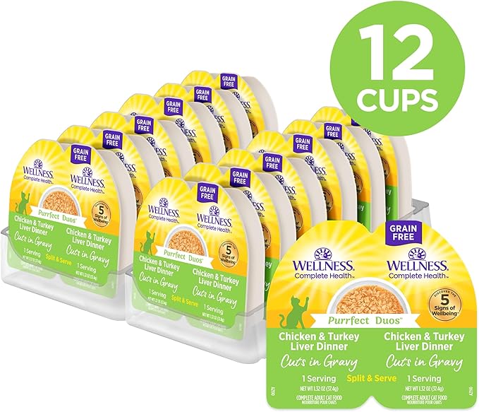 Wellness Complete Health Purrfect Duos Cuts in Gravy Adult Wet Cat Food, Natural, Protein Rich, Grain Free, Chicken and Turkey Liver Dinner Recipe, 2.64 oz, Pack of 12 Split Cups