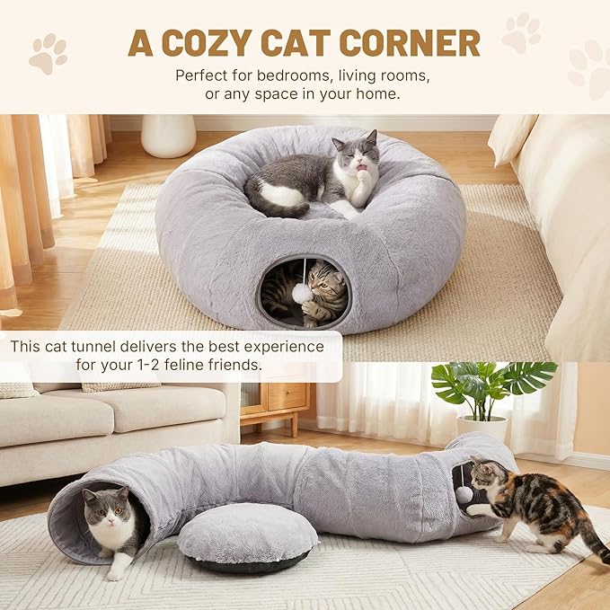Cat Tunnel Bed for Indoor Cats, 31.5in Round Cat Tunnel for Small Cats, Cat Donut Tunnel with Washable Plush Mat, Collapsible Tunnel Hideplace for Kittens, Squirrels Grey