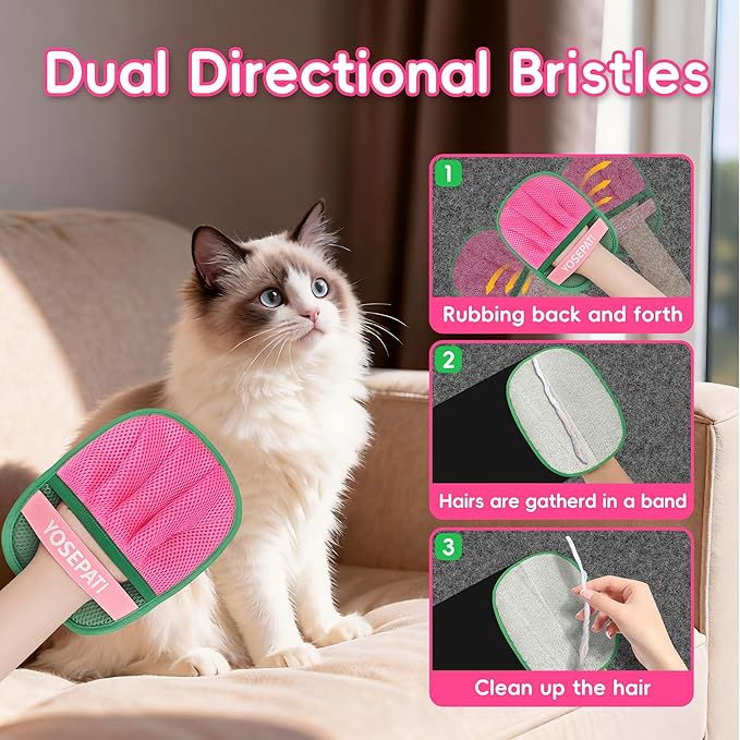 2 Pack Magic Brush Pet Hair Removal Gloves for Cat & Dog, Ectrostatic Five-Finger Fur Remover, The Magic Brush Pure Path Grooming Remover Glove for Laundry, Carpet & Car Seat (Green & Pink