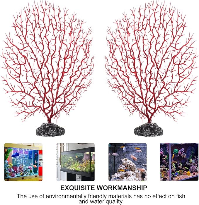 POPETPOP Aquarium Decor Simulated Sea Fan Coral Branches Medium Size 9.05X7.87X1.81In Artificial Fish Tank Plants 2 Pieces Natural Shelter for Aquatic Pets