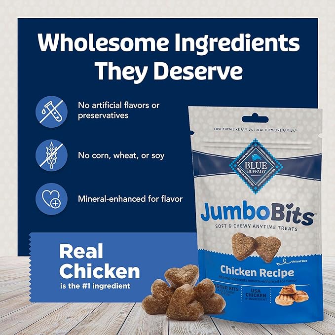 Blue Buffalo Jumbo Bits, Soft & Chewy Anytime Treats, Chicken Recipe, Natural Dog Treats Mineral Enhanced for Flavor, 11 oz. Bag