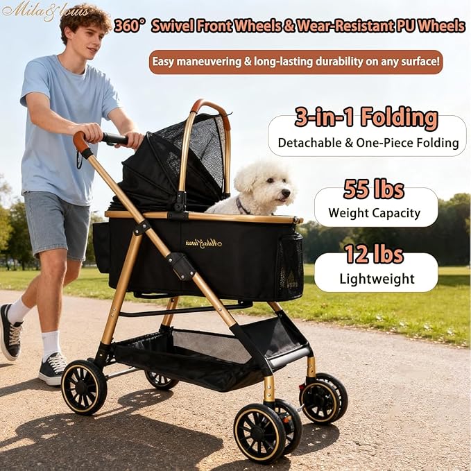 MILA&LOUIS Cat Stroller, 24" Pet Cradle, Lightweight & Stylish Dog and Pet Stroller for Medium and Small Pets, 25 Lbs Capacity with Cup Holder, Hook, Detachable Aluminum Cradle (Black)