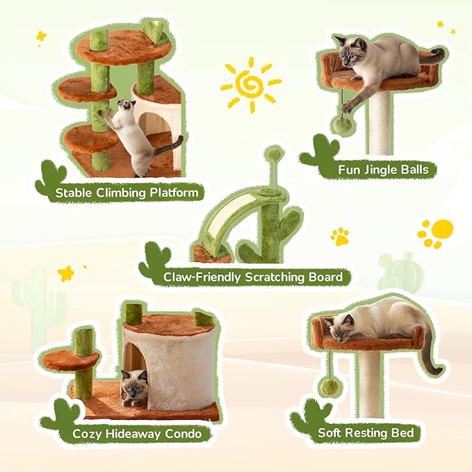 Cactus Cat Tree for Indoor Cats, Multi-Level Cat Tree Tower with Sisal Scratching Posts, Stable Cat Condo with Perches and Steps, 36.6", Brown