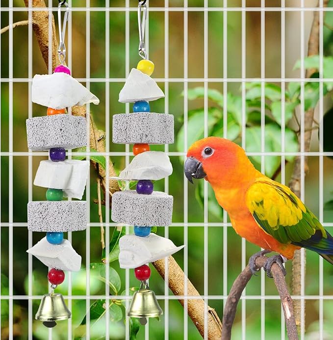 2Pcs Bird Beak Trim Cuttlebone Calcium Stone Lava Block Chew Toy Grinding Teeth Natural Minerals with Bell for African Greys Amazon Conure Eclectus Budgies Parakeet Cockatiel Hamster Chinchilla Rabbit