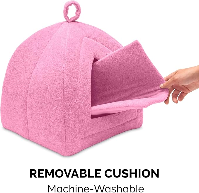 Furhaven Cat Bed Cave for Indoor Cats & Small Dogs, Washable & Foldable w/ Removable Cushion - Polar Fleece Pet Tent - Cotton Candy Pink, Small