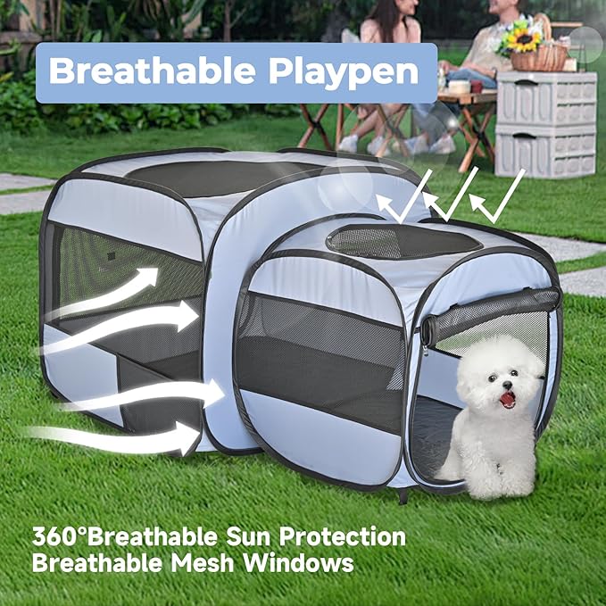 EighteenTek® 2-in-1 Portable Cat Playpen(End Doors), Pop up Kitten Playpen, Assembly-Free, Pet Tent Crates Kennel Cage Enclosure for Dog Puppy Indoor Outdoor(No Divider, Unified Space)